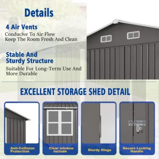 10 x 8 FT Outdoor Storage Shed,Lockable Door and Air Vent, Clear Window Garden Tool Shed for Bicycles,Backyards, Patios, Lawns,Gray image {6}