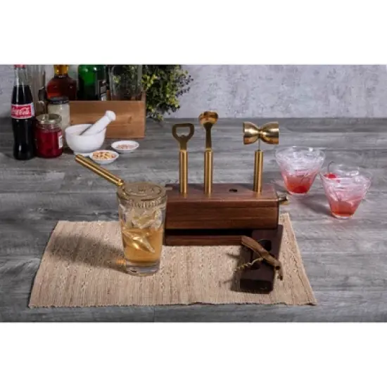 6pc Stainless Steel Sidecar Bar Tool Set - Picnic Time: Barware Set with Storage Case, Brass Plated Finish image {3}