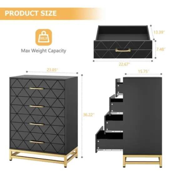 Dresser for Bedroom with 4 Drawer, Modern Dressers Chest of Drawers, with Wide Drawers and Metal Handles, Wood Dressers, Black image {2}
