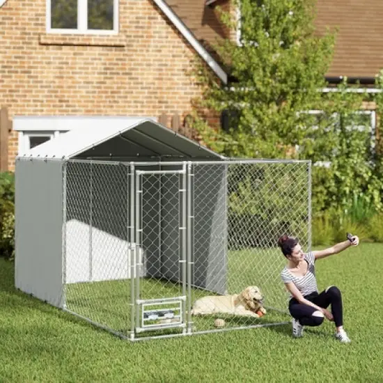 PawHut Large Outdoor Dog Kennel, Chain Link Dog Kennel Outside with Weather Resistant Cover, Rotating Bowls Door, for M&L Dogs image {2}