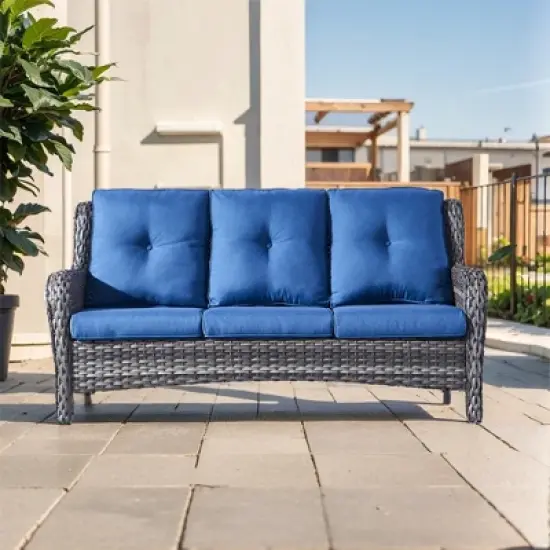 POCASSY 74" Wide Outdoor Wicker Patio Sofa with Cushions, All Weather Wicker Furniture Sofa 3 Seater Couch for Porch, Deck, Balcony image {13}