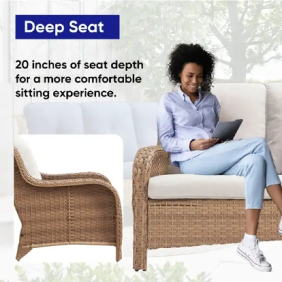 POCASSY 50" Wide Wicker Outdoor Loveseat Sofa with Weather Resistant Yellow Rattan for Porch, Balcony image {3}