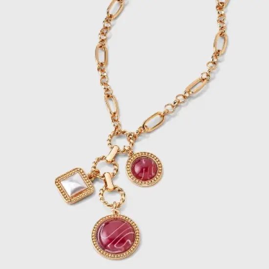 Cabochon Triple Drop Chain Necklace - A New Day&trade; Gold/Burgundy image {4}