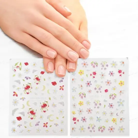Unique Bargains Self-Adhesive Floral Pattern Nail Art Stickers White Red 2 Pcs image {1}