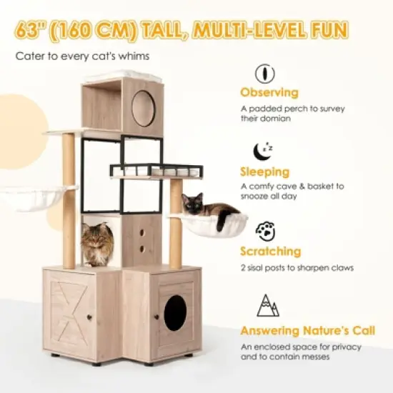 Lirago Rustic Gray Cat Tree 25.6x25.6x63"-63" Multi-Functional Litter Box Tower image {5}