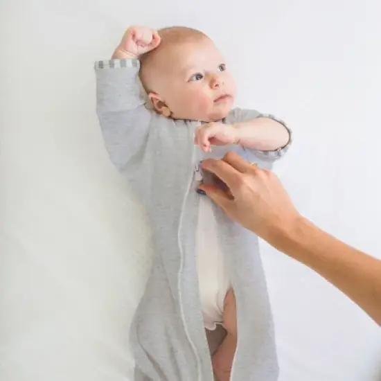 Transitional Swaddle Sack with Arms Up Half-Length Sleeves and Mitten Cuffs Wearable Blanket - Heathered Gray with Stripe image {5}