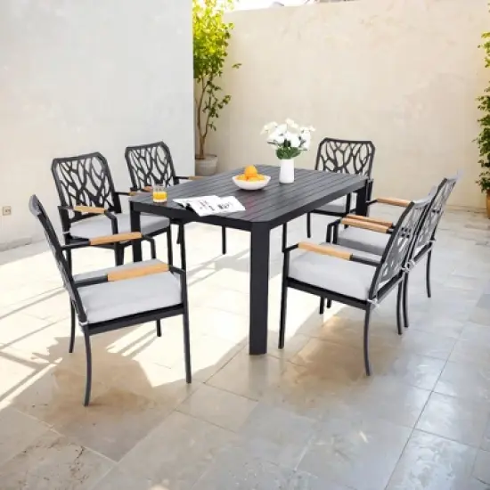 Christopher Knight Home Miles 7 Piece Modern Patio Upholstered&nbsp;Aluminum Dining Set with Sunbrella Cushions and 59&rdquo; Rectangular Table image {9}