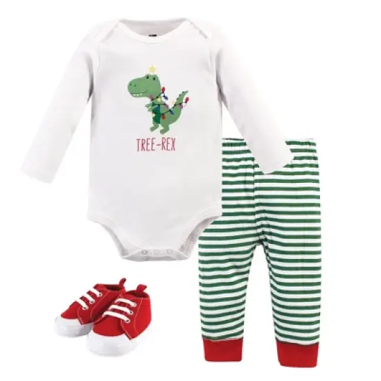 Hudson Baby Infant Boy Cotton Bodysuit, Pant and Shoe 3pc Set, Tree Rex image {1}