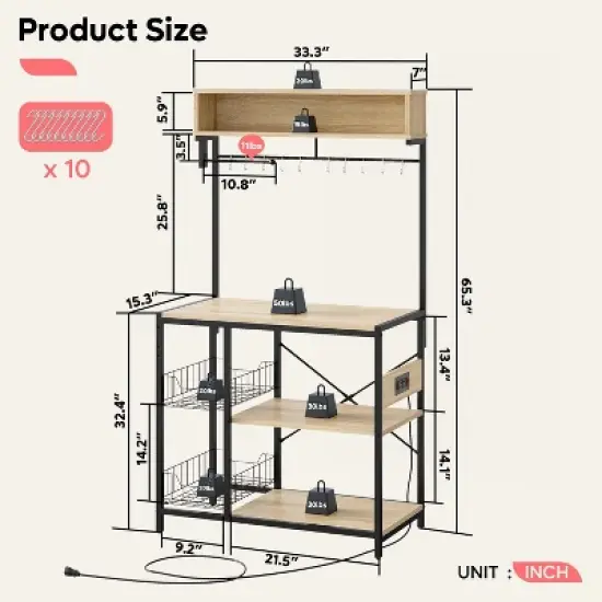 Bestier 65" Bakers Rack with Power Outlets, 5-Tier Kitchen Storage Shelves, Microwave Stand with 2 Wire Basket & 10 Hooks image {4}