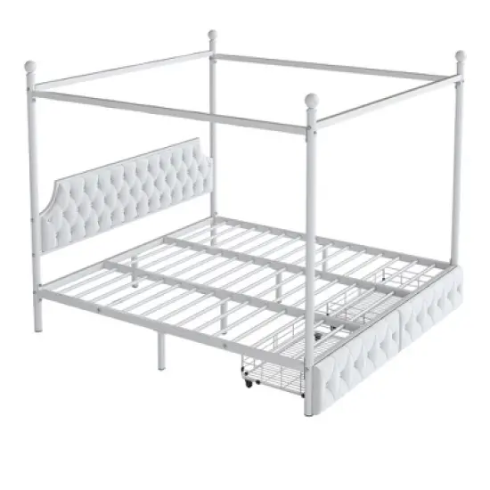King/Queen Size Metal Canopy Platform Bed Frame with Upholstered Headboard and Two Storage Drawers, White -ModernLuxe image {5}