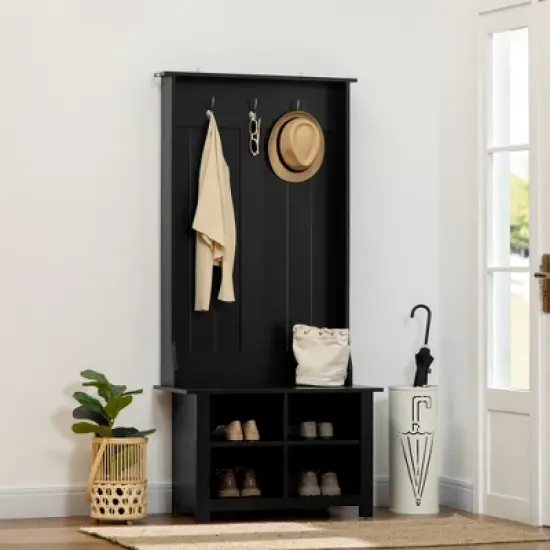 HOMCOM Hall Tree with Shoe Storage Bench, Entryway Bench with Coat Rack, Accent Coat Tree with Adjustable Shelves for Hallway, Mud Room, Black image {1}