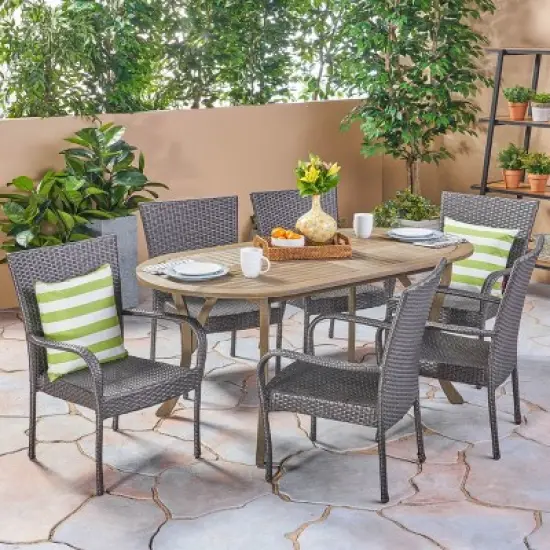 Jasper 7pc Acacia & Wicker Dining Set: Christopher Knight Home, Weather-Resistant Patio Set image {1}