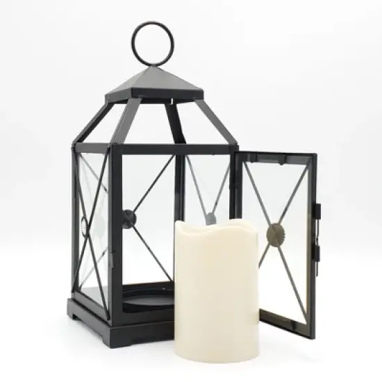 LumaBase Metal Lantern with Battery-Operated Candle - Black Gem image {5}