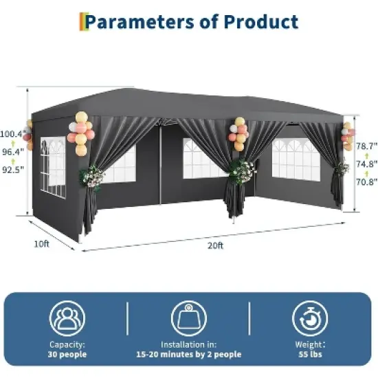 Acekool 10x20 Heavy Duty Pop Up Canopy Tent with 6 Removable Sidewalls, Adjustable Heights, Stakes & Ropes Included, Commercial Outdoor Shelter image {7}