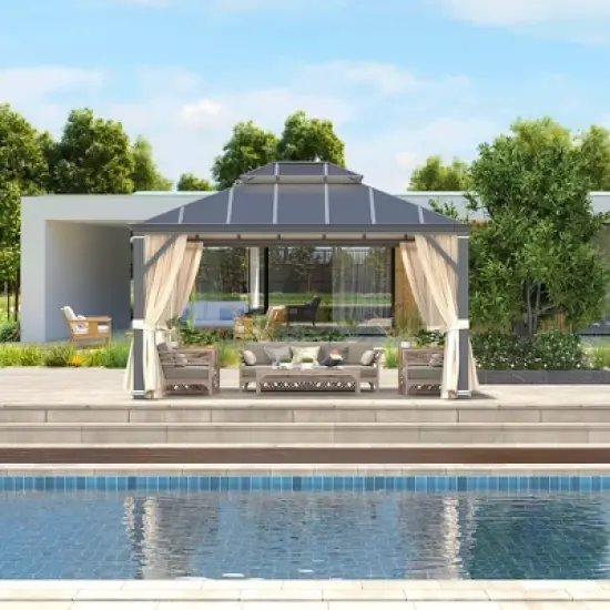 EROMMY 12'x14' Hardtop Gazebo Patio Furniture, Aluminum Frame Double Roof, Privacy Curtains and Premium Net for Patio Lawn and Garden image {3}