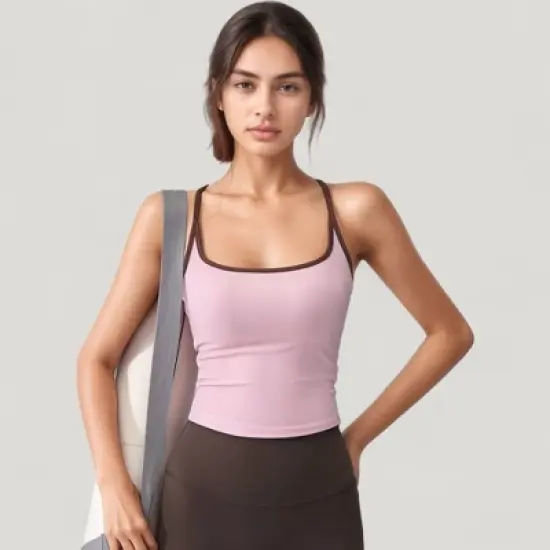 Anna-Kaci Active Women's Square Neck Fitted Crop Tank Top with Contrast Trim and Soft Stretch Fabric image {5}