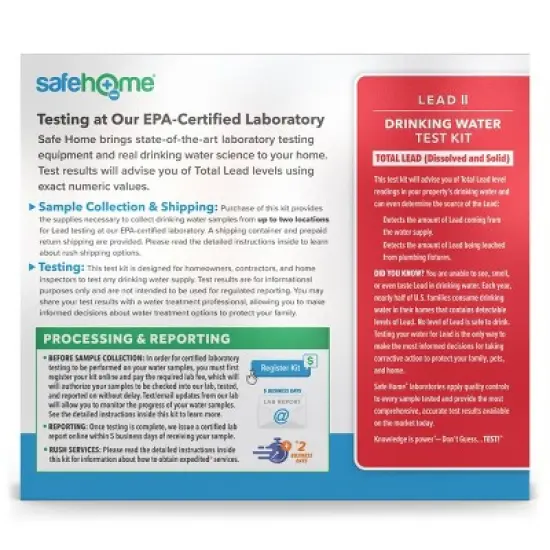Safe Home Lead II In-Lab Water Test Kit: Lead Testing Kit for Household Water, Test to EPA Standards image {1}