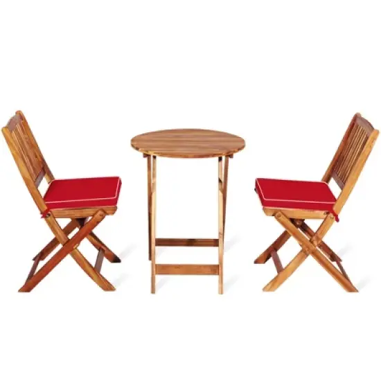 Tangkula 3PCS Folding Acacia Wood Bistro Set Patio Conversation Set w/ Red Cushions image {7}