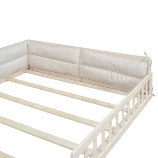 Full Size Upholstered Platform Bed Frame, Toddler Beds with Guardrail and Pillow 4W, Beige/Gray -ModernLuxe image {9}