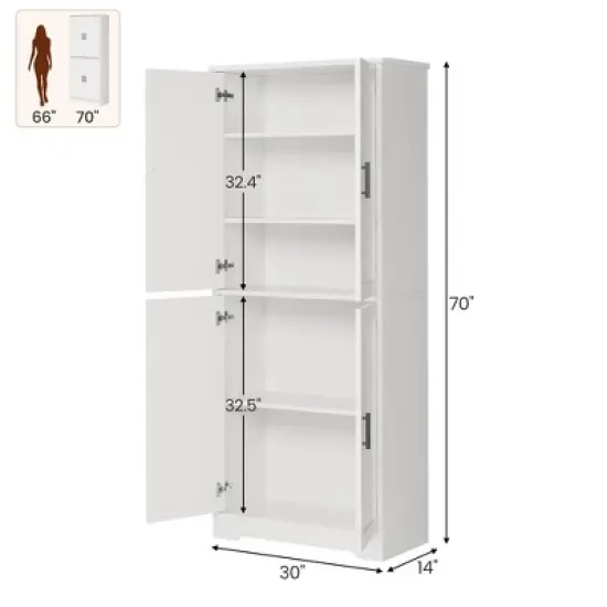 Homhougo 70in Tall Kitchen Pantry Cabinet, Freestanding Storage Cabinet with 4 Doors and Adjustable Shelves, Large Utility Hutch Cupboard White image {1}