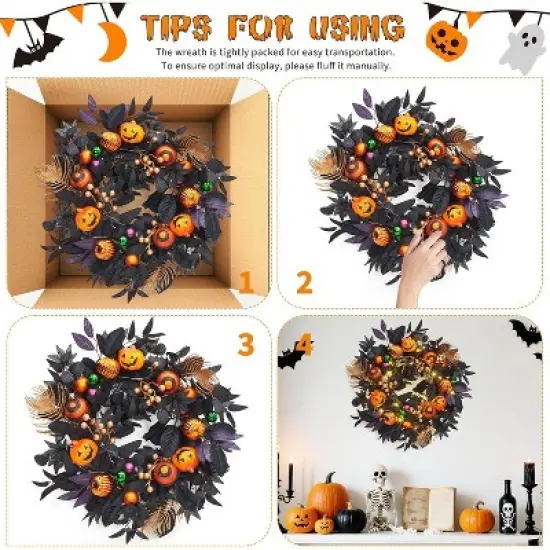 Halloween Wreath for Front Door, 20 Inch Pumpkin Wreaths with 20 LED Lights Ball Ornaments Berries, Pre Lit Halloween Decorations for Indoor Outdoor image {3}