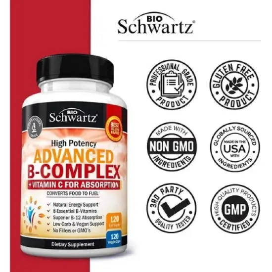 Advanced B-Complex Capsules, Vitamin B Supplement Capsules, Low Carb & Vegan Diet Support, Bioschwartz, 60 or 120ct image {4}