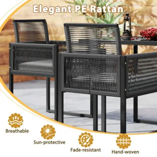 Tangkula 3 Pieces Patio Dining Set Outdoor Space-Saving PE Wicker Bistro Set with Cushions Patio Tempered Glass Top Table and Chairs Set image {5}