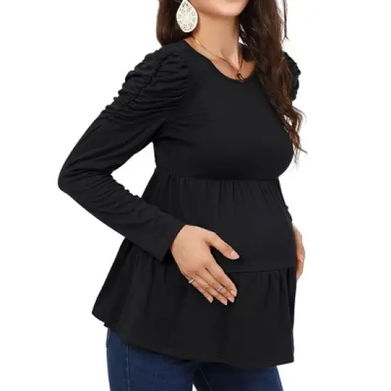 Coolmee Womens Maternity Tops Long Sleeve Pregnancy Babydoll Tunic Blouses Crew Neck Shirts Pregnant Clothes image {2}