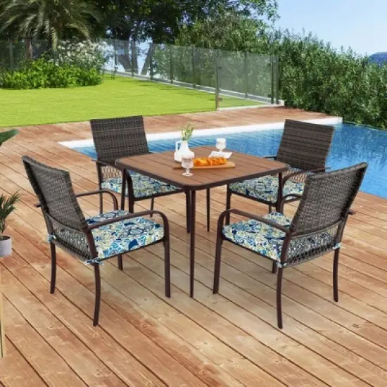 Costway 5 PCS Patio Dining Set with Wood-Plastic Tabletop & Umbrella Hole for Backyard image {1}