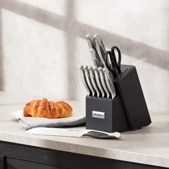 Oneida 14pc Stainless Steel Cutlery Set with Builtin Sharpner: Knife Set Block, Steak Knives, Shears, Multicolored image {1}