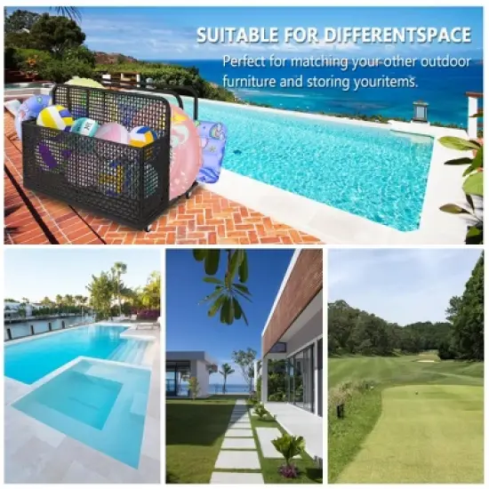 Pool Storage Bin, Rolling Poolside Float Storage with Towel Rack and Wheels, PE Rattan Mesh Organizer image {6}