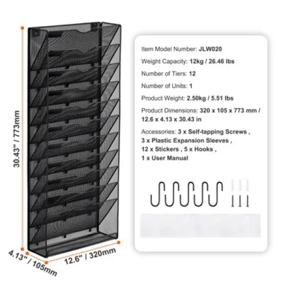 VEVOR File Wall Rack, One-Piece 12 Pockets Mesh Wall File Holder, Wall Mounted Magazine Mail Paper & Document Storage Folder, Black image {7}