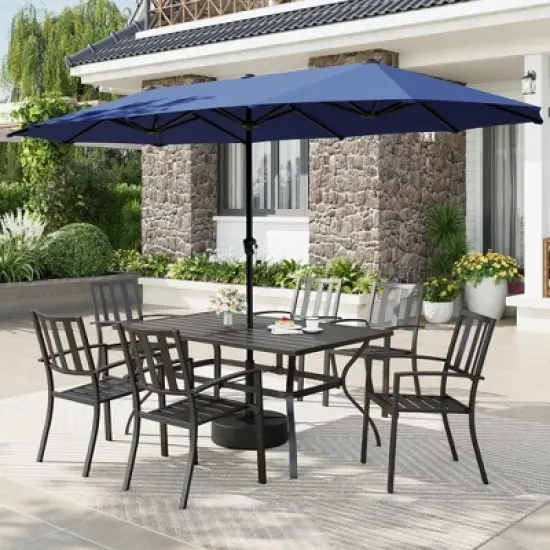 Captiva Designs 8pc Patio Slat-top Rectangle Steel Table & Metal Stackable Chairs & 13ft Large Umbrella image {15}