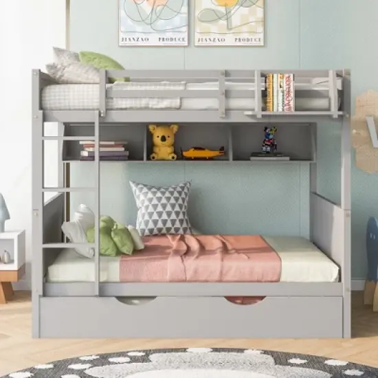 Separable Full-Over-Full Bunk Bed with Twin Size Trundle and Bookshelf - ModernLuxe image {1}