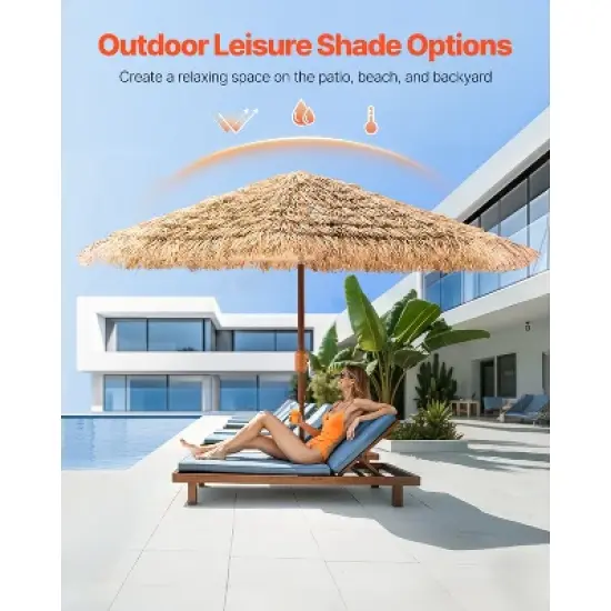 VEVOR Tiki Umbrella, 9 ft Thatched Patio Umbrella with Tilt, Hawaiian Style Beach Parasol with Durable PP Thatch and 8 Metal Ribs, Original Color image {2}