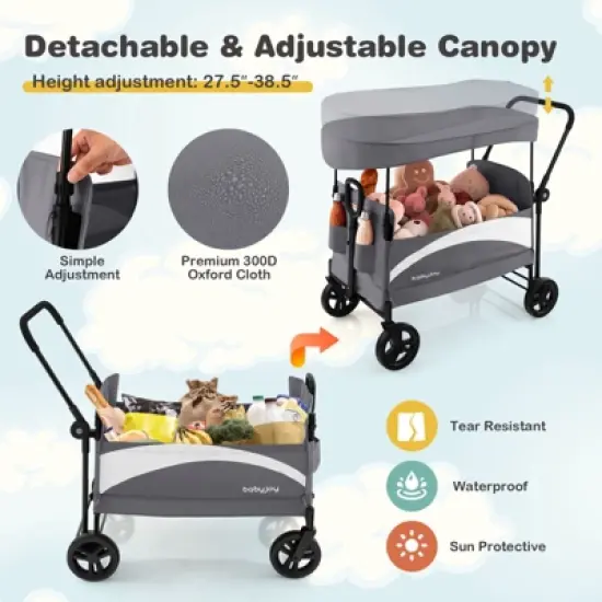 Infans 2-Seat Stroller Wagon Folding Baby Stroller w/ Adjustable Canopy & Handles Grey image {4}