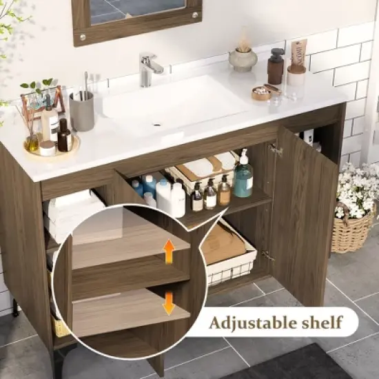 HYLEORY 48" Bathroom Vanity with Basin, Bathroom Storage Cabinet with Two Doors and open shelf, Solid Frame image {6}