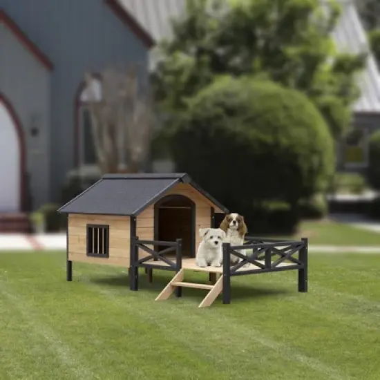 Whisen All-Weather Large Dog House & Dog Kennel with Asphalt Roof, Porch, Waterproof Door Curtain, Dual Openings - Natural image {12}