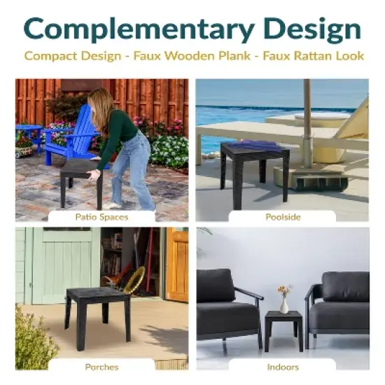 Sunnydaze Weather-Resistant Outdoor Side Table with Faux Wood Plank Tabletop - 16.5" Square - Black image {9}