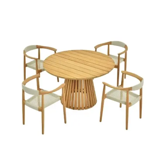 Circular Planked Wood Outdoor Dining Set 4 Ergonomic Woven Armchairs with Radial Pedestal Base image {15}