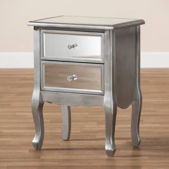Leonie Wood and Mirrored Glass 2 Drawer Nightstand Silver - Baxton Studio image {7}