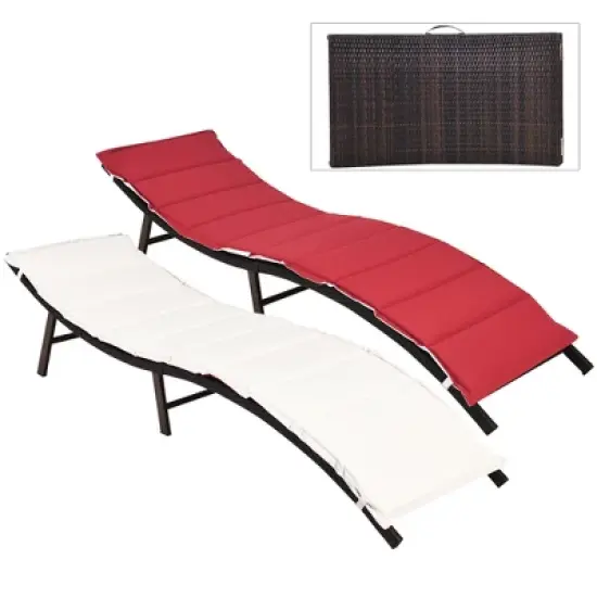 Costway 2PCS Patio Rattan Folding Lounge Chair Stackable Double Sided Cushion Outdoor Red image {4}