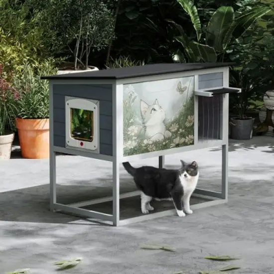 Resenkos Elevated Cat Shelter, Weatherproof Feral Home With High Legs, Curtained & Escape Door, Openable Top, Gray image {7}