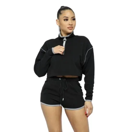 Slickblue Women's Activewear Set, Sporty Crop Top with Zipper & High-Waist Shorts, Casual Style, Black, Size S-L image {7}