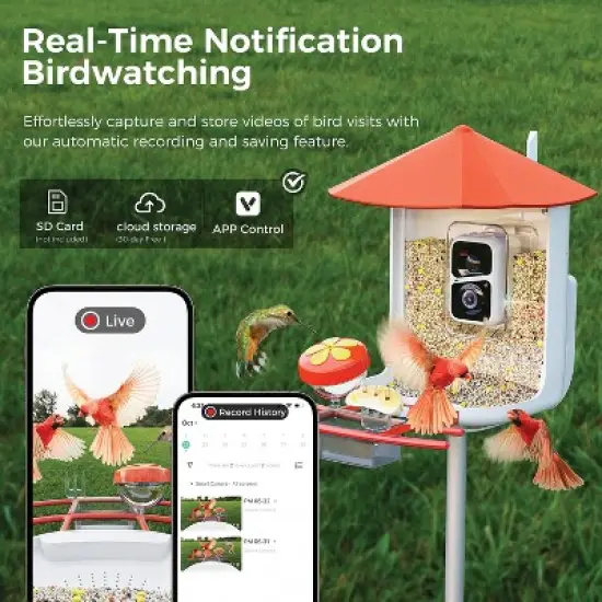 PerchMe&trade; AI-Recognition Smart Bird Feeder with Camera, Solar-Powered (Vermilion Canopy) image {10}
