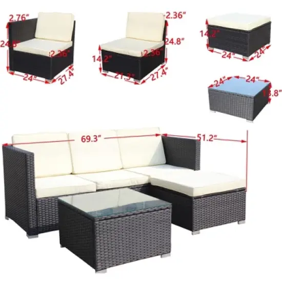 FIONECA 5-Piece Outdoor Patio Furniture Set, PE Rattan Wicker Sofa Set with Beige Cushions & Coffee Table for Garden/Backyard image {6}