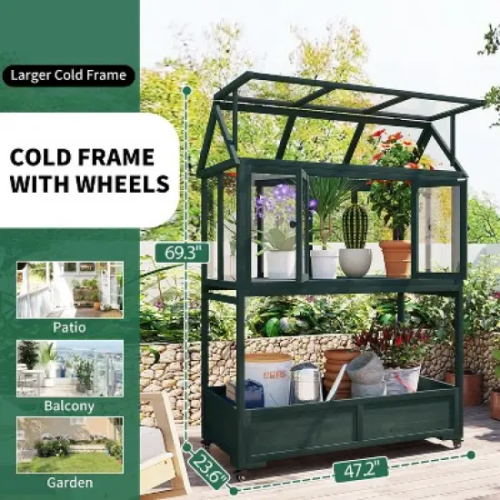 Hrinhom 47.2"W Garden Wood Portable Cold Frame with Movable Wheels image {2}