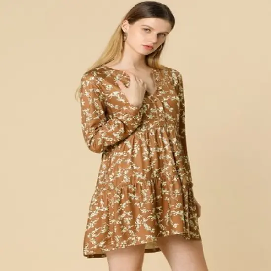 Allegra K Women's Spring Floral Long Sleeves V Neck Casual Babydoll Tiered Dress image {1}