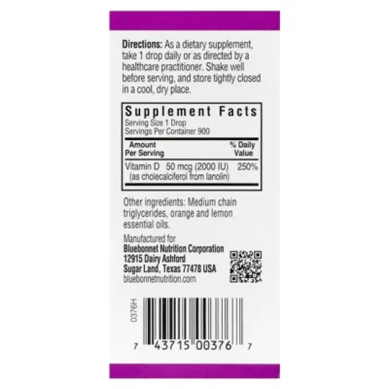Bluebonnet Nutrition Liquid Vitamin D3 Drops, Citrus, 50 mcg (2,000 IU), 1 fl oz (30 ml) image {1}