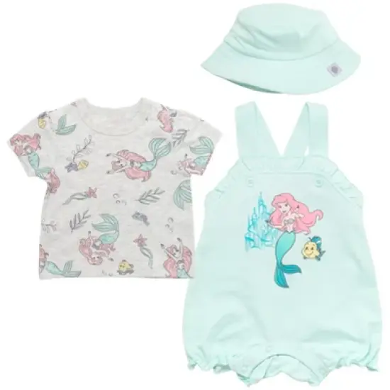Disney Princess Ariel Baby Girls French Terry Short Overalls T-Shirt and Hat 3 Piece Outfit Set Newborn to Infant image {10}
